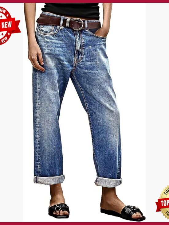 Denim - Straight Leg Cropped Jeans Mid Rise Boyfriend Fit Roll Hem Denim Pants